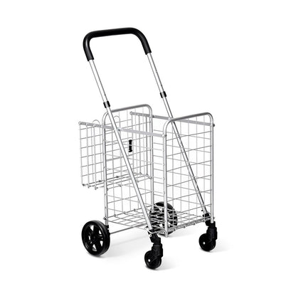 Folding Shopping Cart Basket Rolling Trolley with Adjustable Handle-Black