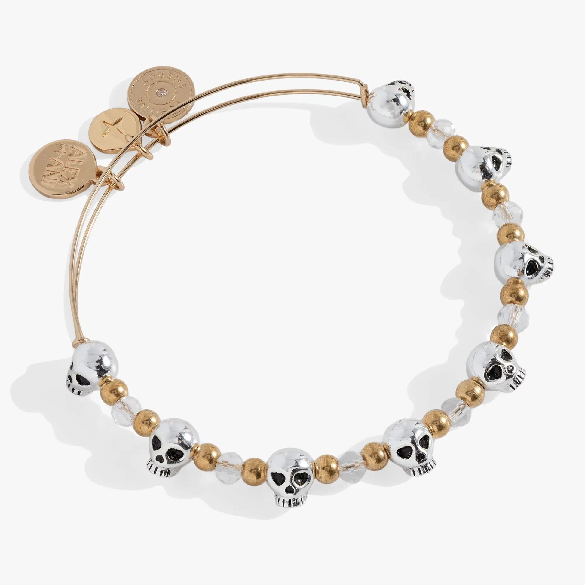 Skull Beaded Bangle by Alex and Ani with white skull beads, gold-tone beads, and crystal accents on Tampa Home & Garden Store