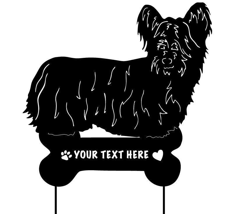Skye Terrier garden stake silhouette in black metal on bone-shaped base with text and paw heart on Tampa Home & Garden Store