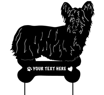Skye Terrier garden stake silhouette in black metal on bone-shaped base with text and paw heart on Tampa Home & Garden Store
