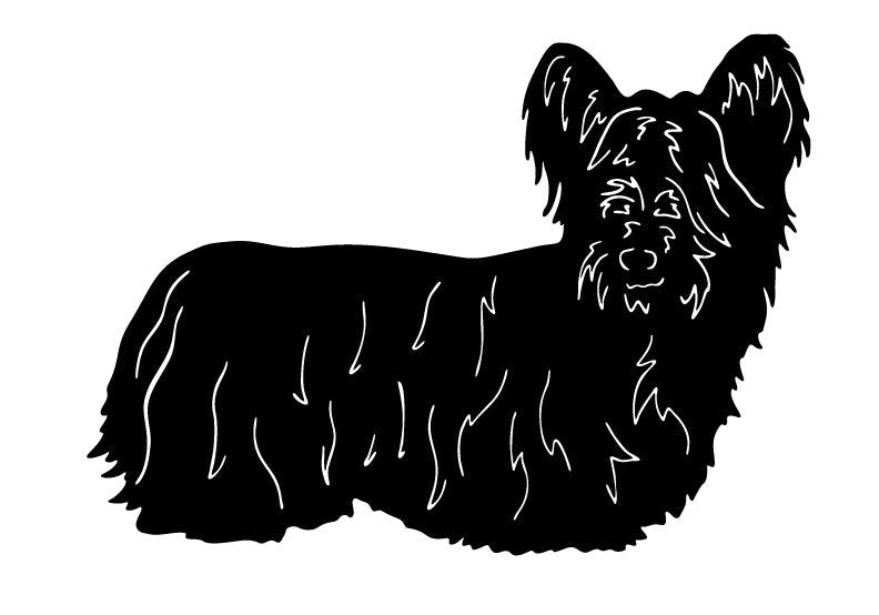 Skye Terrier garden stake silhouette with long fur by Rustica Ornamentals, lawn sculpture on Tampa Home & Garden Store