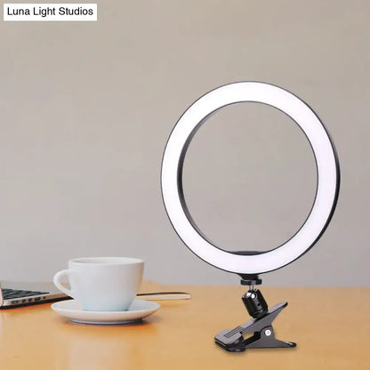 Black LED Ring Light with clamp desk stand on a wood desk, Decorbites home lighting on Tampa Home & Garden Store