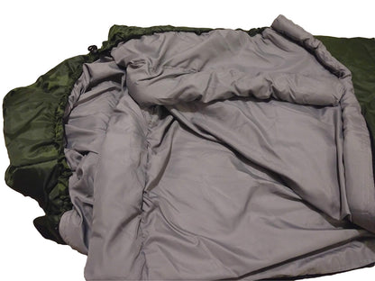 Sleeping bag sleeping pad pillow combo by River Country Gear with green outer gray interior on Tampa Home & Garden Store