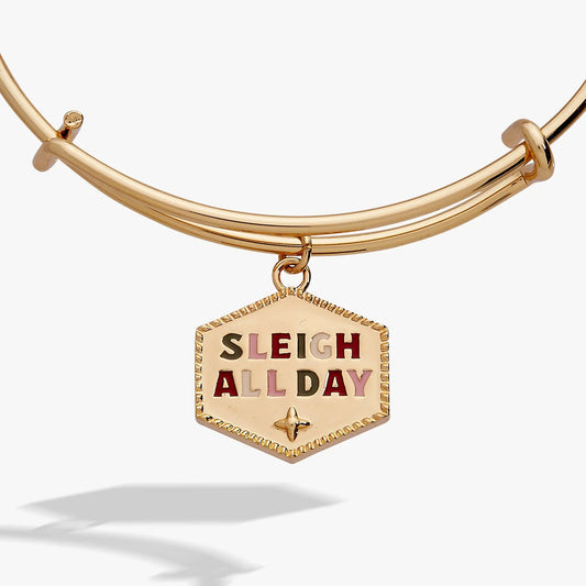 Sleigh All Day charm bangle by Alex and Ani in gold-tone with colorful lettering on Tampa Home & Garden Store