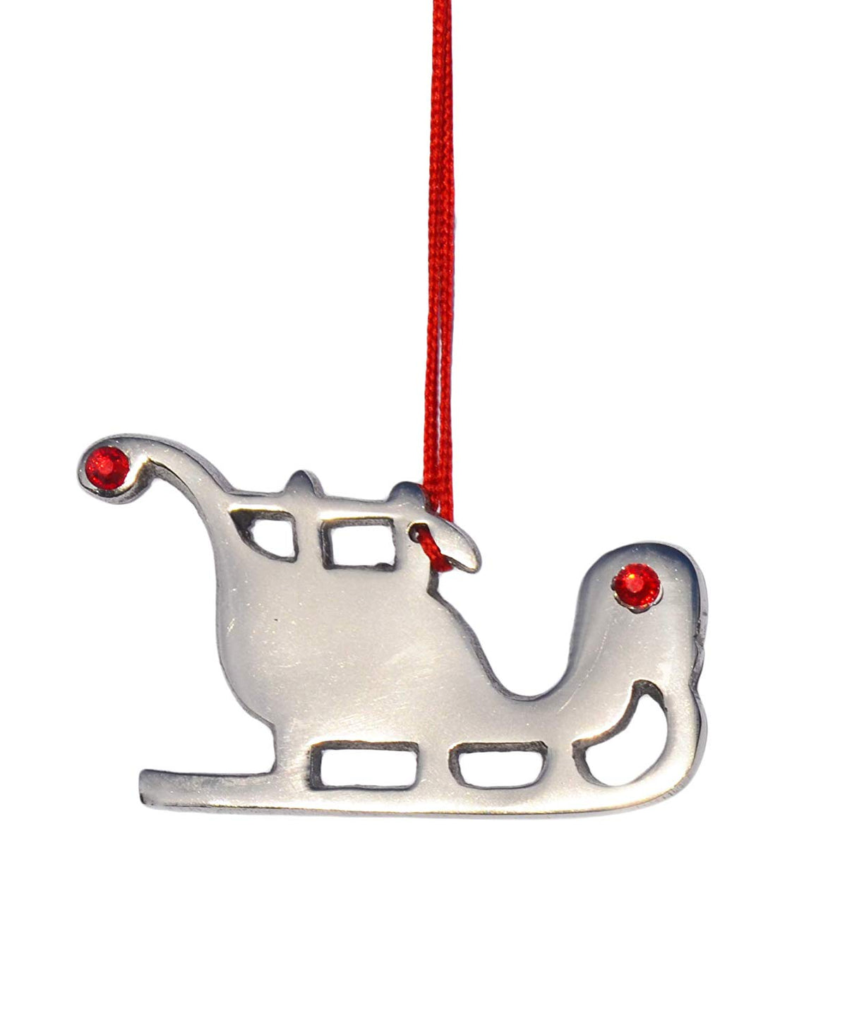 Vibhsa Sleigh Christmas tree ornament in silver with red rhinestones, ribbon hanger on Tampa Home & Garden Store