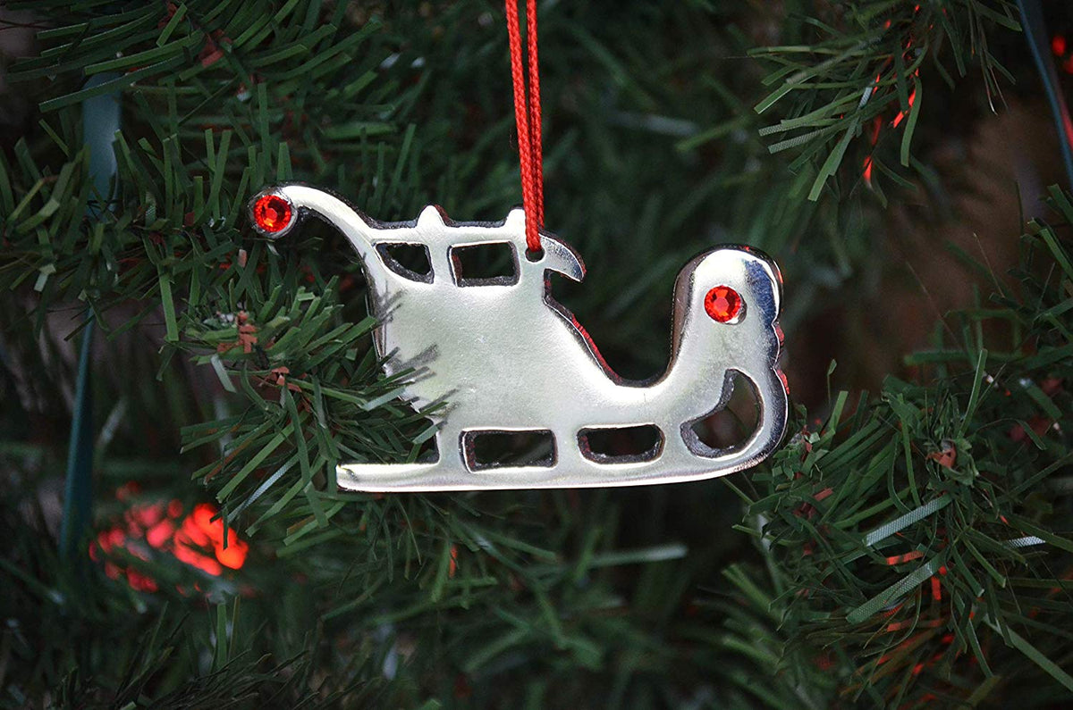 Vibhsa Sleigh Christmas Ornament, silver metal with red gems, hanging on tree, set of 8 on Tampa Home & Garden Store