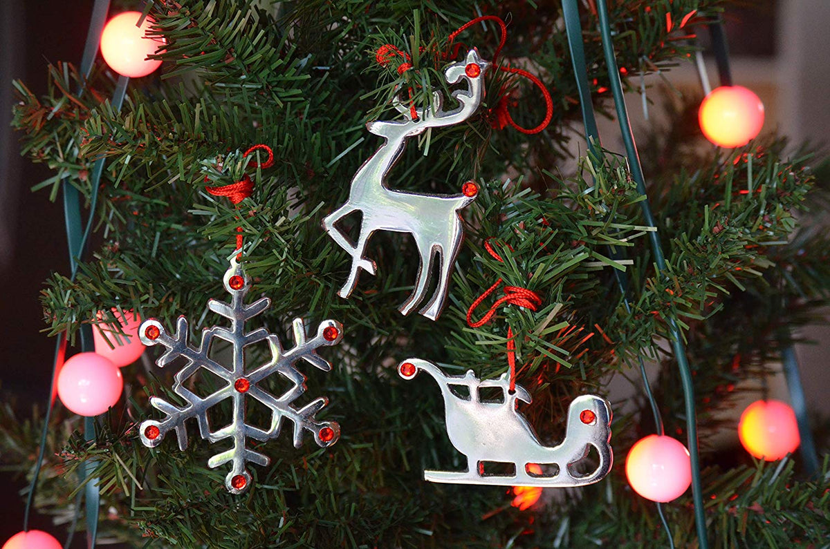 Vibhsa Sleigh Christmas Tree Ornament set of 4; silver metal with red rhinestones on green tree on Tampa Home & Garden Store
