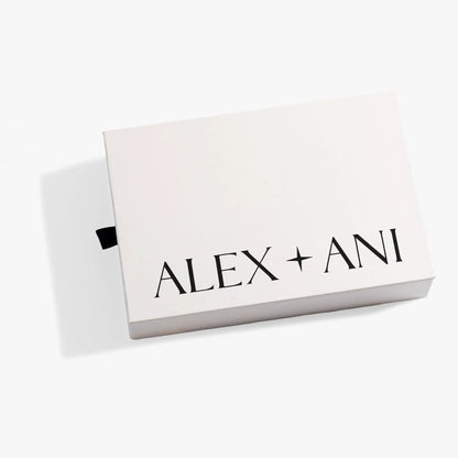 Sliding Gift Box by Alex and Ani, white box with bold black logo and black ribbon pull tab on Tampa Home & Garden Store