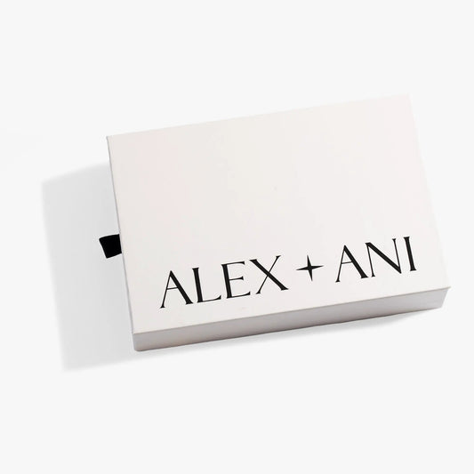 Sliding Gift Box by Alex and Ani, white box with bold black logo and black ribbon pull tab on Tampa Home & Garden Store