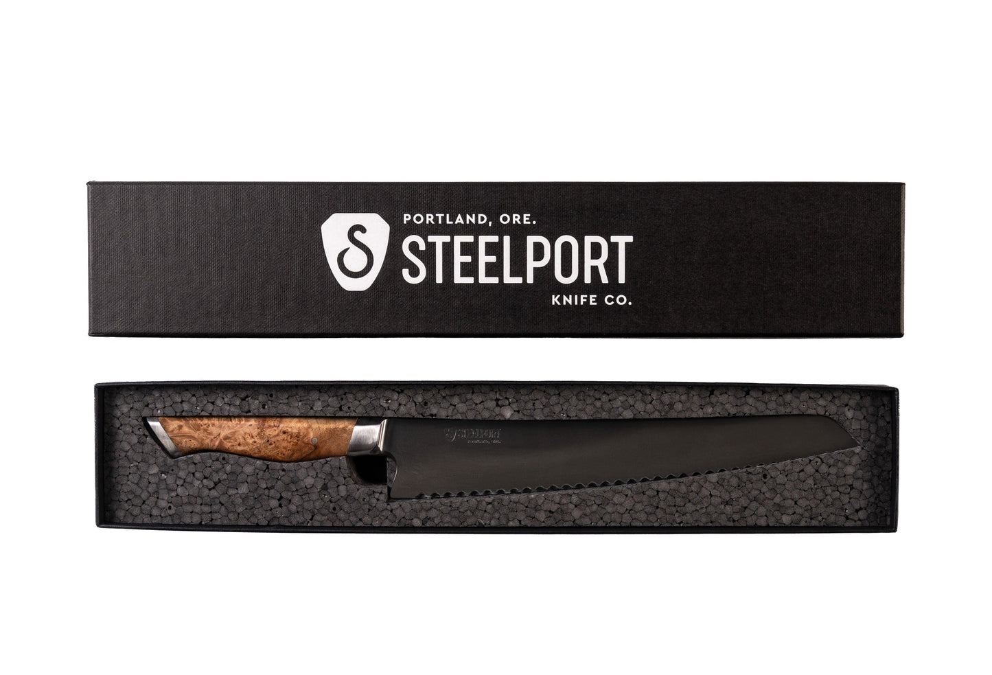 10-inch Bread Knife STEELPORT Knife Co. in black box with foam insert and burl wood handle on Tampa Home & Garden Store