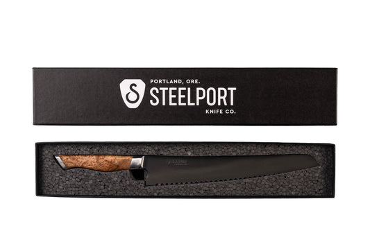 10-inch Bread Knife STEELPORT Knife Co. in black box with foam insert and burl wood handle on Tampa Home & Garden Store