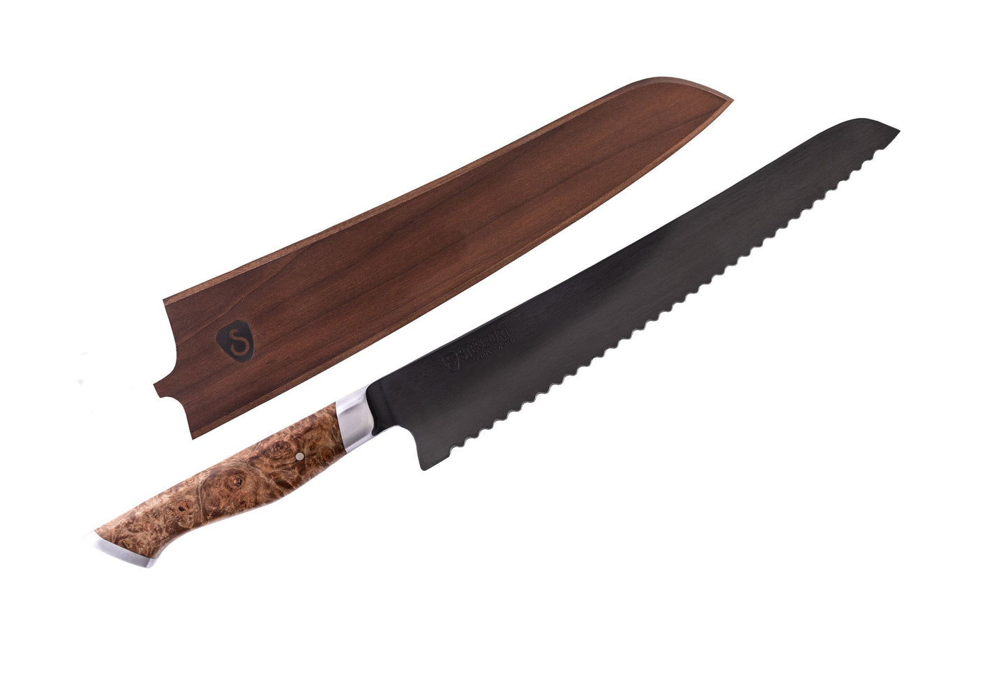 10in bread knife with black serrated blade and brown wooden sheath by STEELPORT Knife Co on Tampa Home & Garden Store