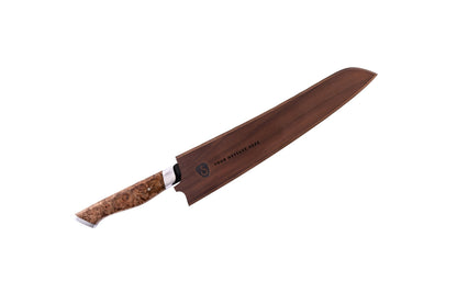 10-inch slicing knife STEELPORT Knife Co. burl wood handle, brown blade with engraving area on Tampa Home & Garden Store