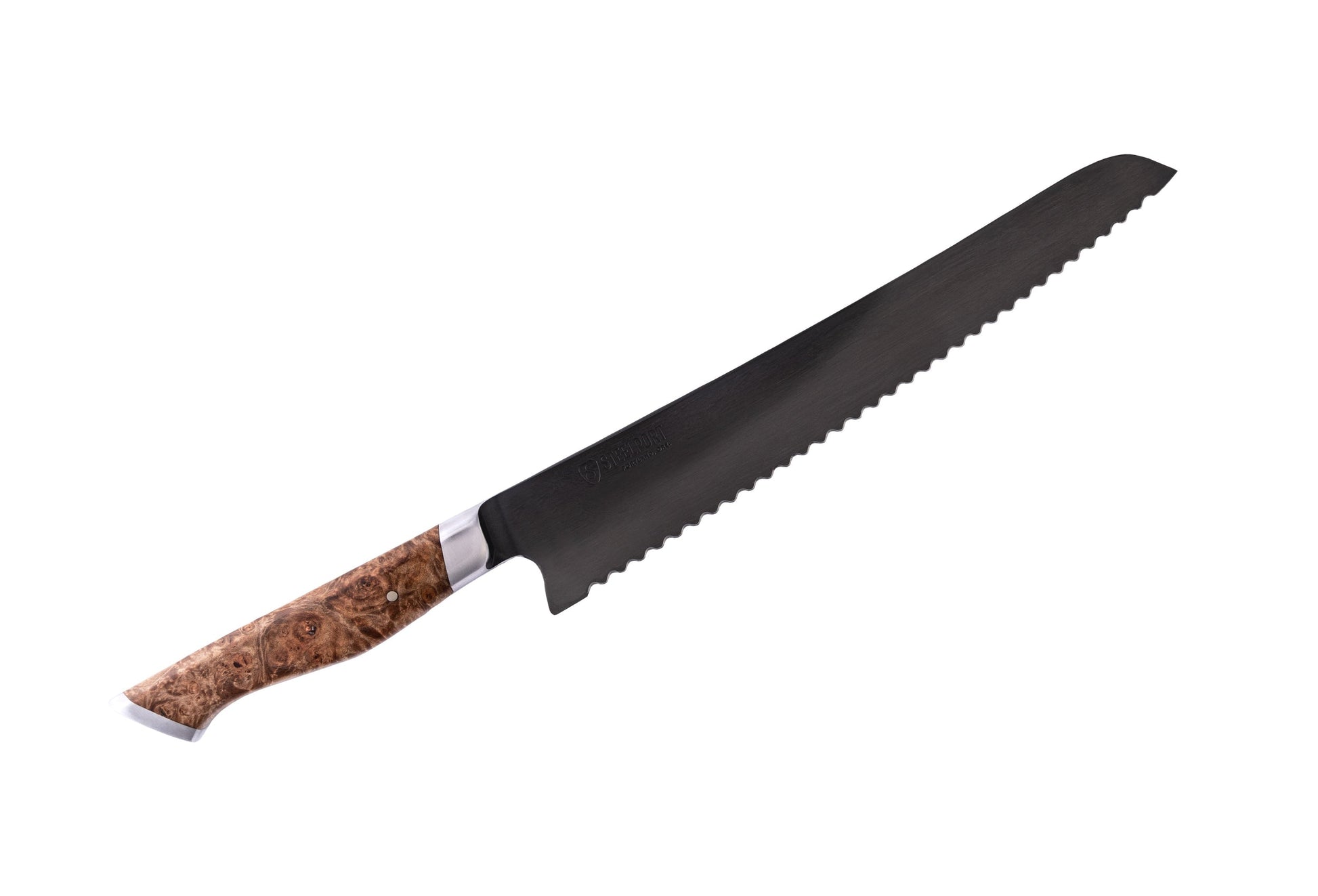 10-inch bread knife STEELPORT Knife Co. with black serrated blade and burl wood handle on Tampa Home & Garden Store