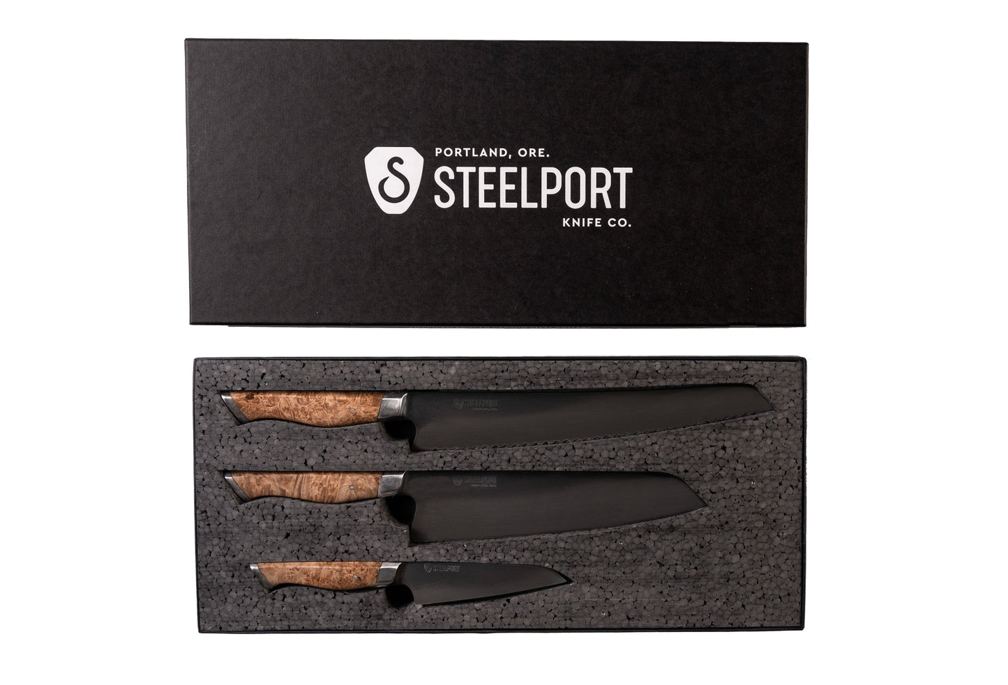 Signature Knife & Board Set by STEELPORT Knife Co. 2-piece black blades with burl wood handles on Tampa Home & Garden Store