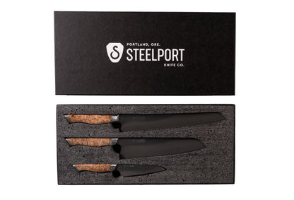 3-Piece Essential Set kitchen knives with burl wood handles by STEELPORT Knife Co. on Tampa Home & Garden Store