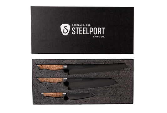 3-Piece Essential Set kitchen knives with burl wood handles by STEELPORT Knife Co. on Tampa Home & Garden Store