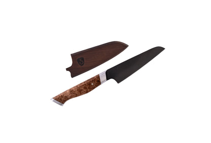 4-inch paring knife by STEELPORT Knife Co. with dark blade and burl wood handle, two blades shown on Tampa Home & Garden Store