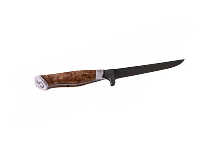 6-inch boning knife by STEELPORT Knife Co. brown burl wood handle with gray bolster and black blade on Tampa Home & Garden Store