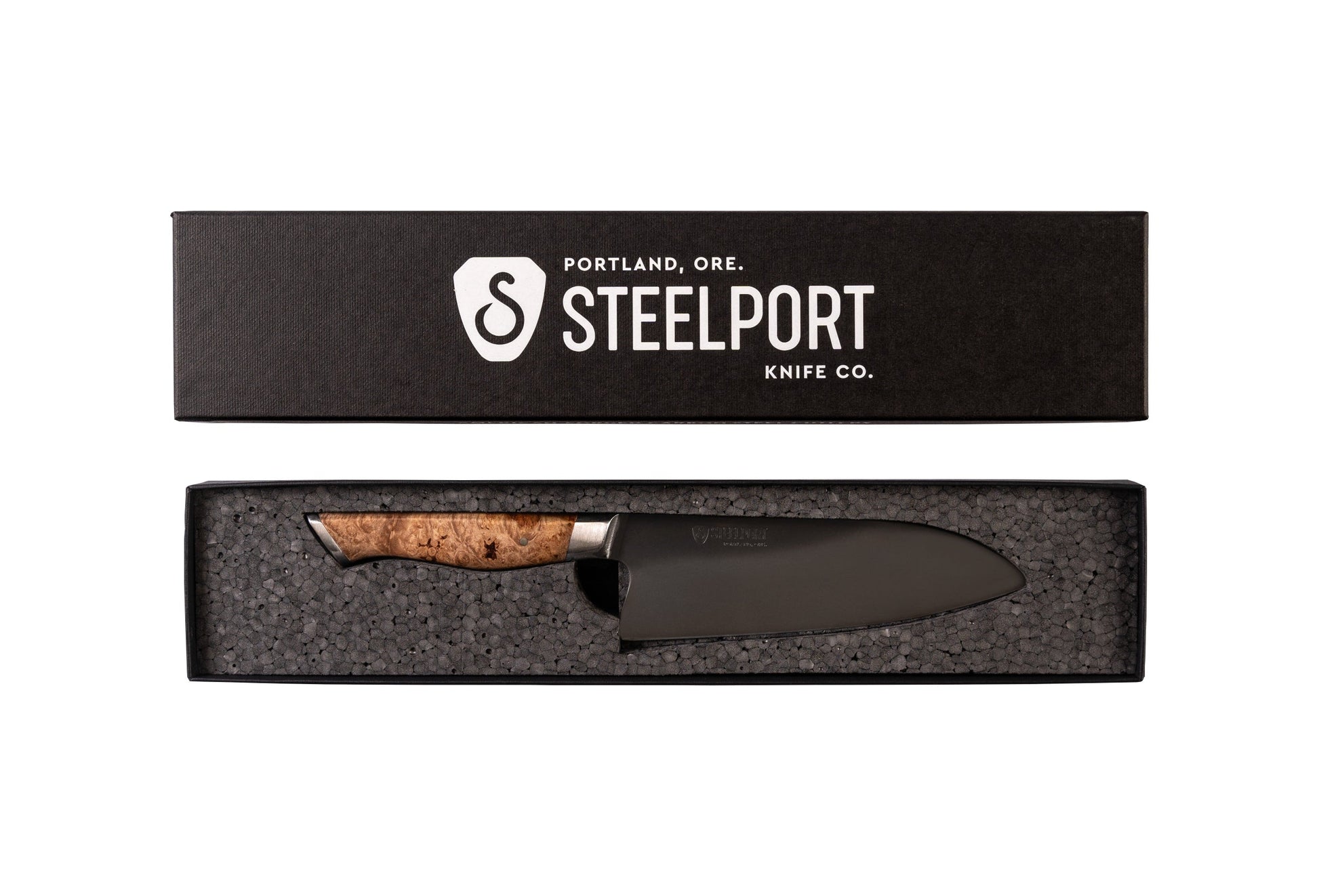 6-inch Chef Knife by STEELPORT Knife Co. with burl wood handle in black foam packaging on Tampa Home & Garden Store