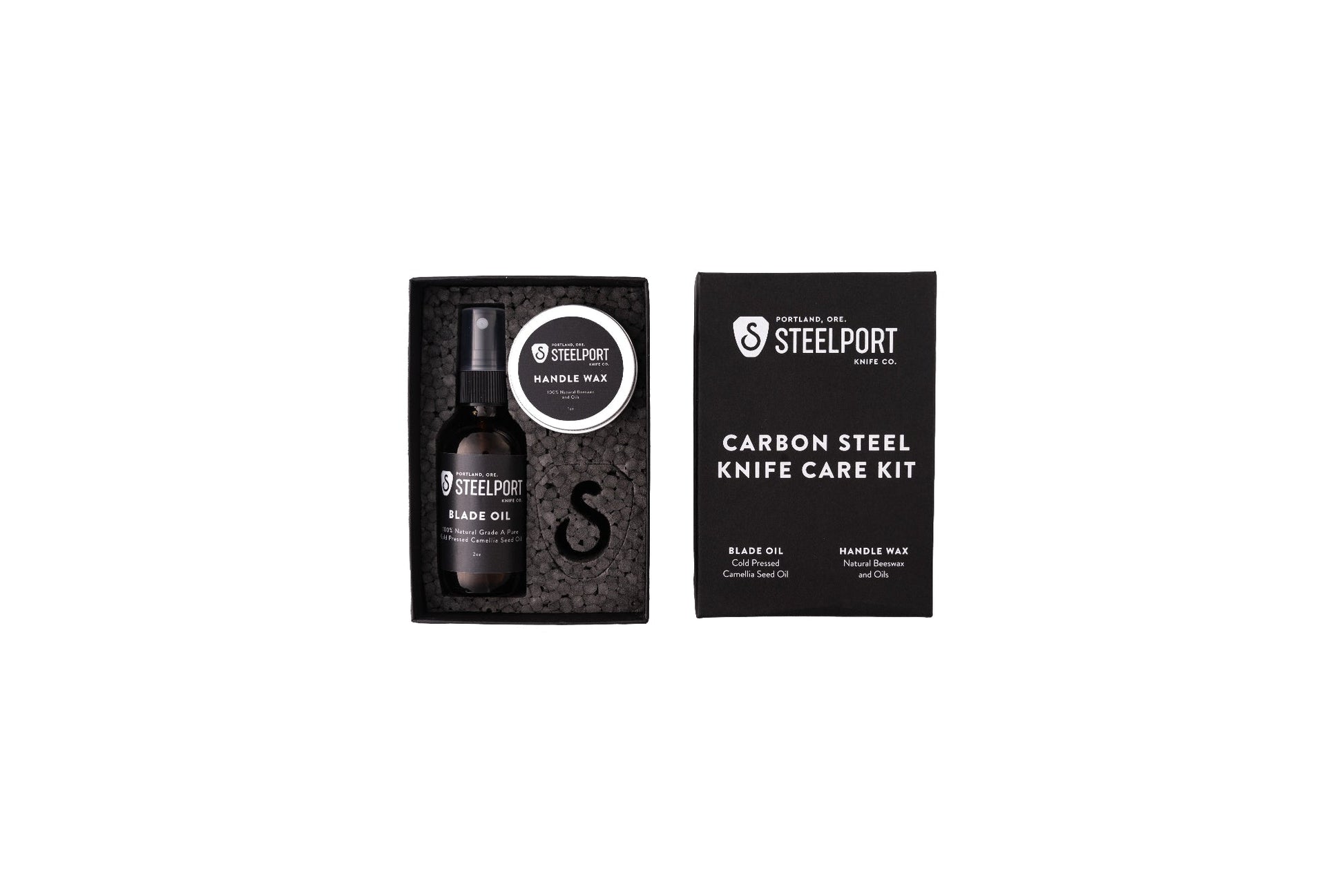 Carbon Steel Knife Care Kit by STEELPORT Knife Co. blade oil and handle wax in black box on Tampa Home & Garden Store