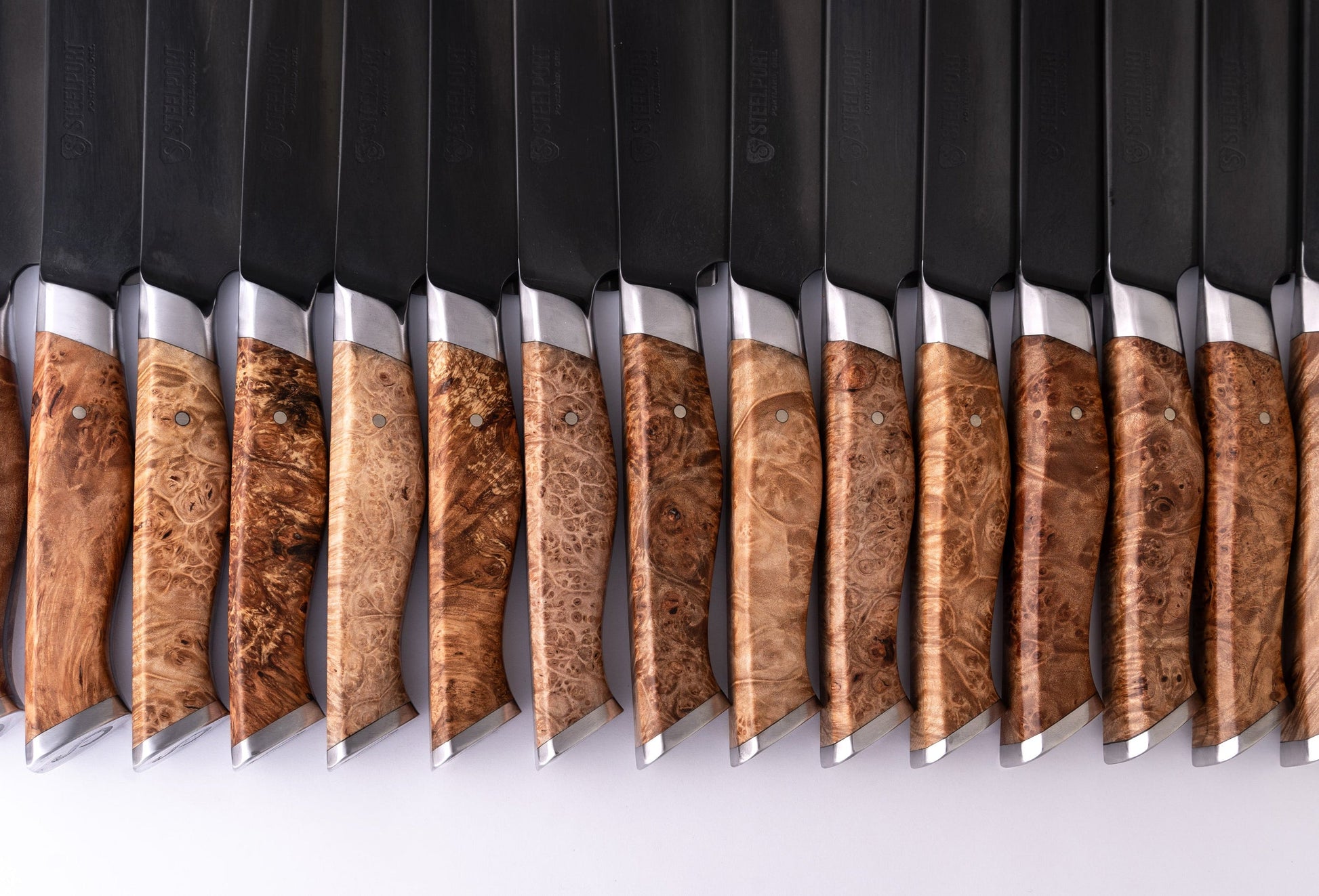 6 inch Chef Knife STEELPORT Knife Co. kitchen knife with burl wood handle blades on display on Tampa Home & Garden Store