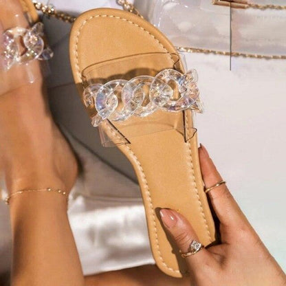 Stevvex women's rhinestone slide sandal beige flat open-toe with clear crystal strap on Tampa Home & Garden Store