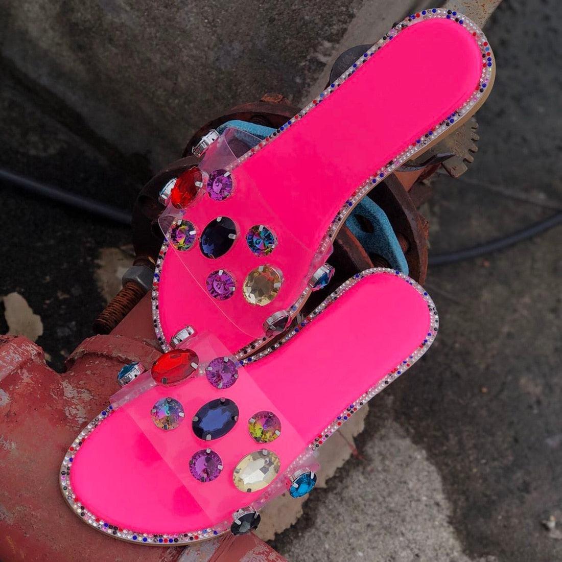 Stevvex neon pink rhinestone slides with clear crystal straps, open toe, flat sole pair on Tampa Home & Garden Store