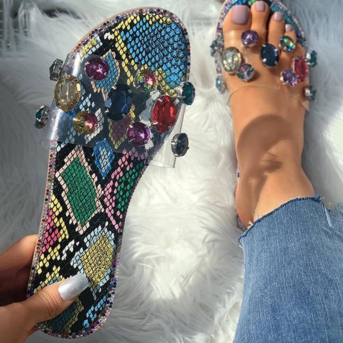 Stevvex women's rhinestone slide sandals with clear crystals and colorful snakeskin sole on Tampa Home & Garden Store