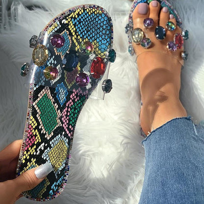 Stevvex women's rhinestone slide sandals with clear crystals and colorful snakeskin sole on Tampa Home & Garden Store