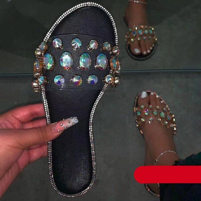 Stevvex rhinestone slide sandals, black open-toe flats with iridescent crystals, 2 pairs visible on Tampa Home & Garden Store