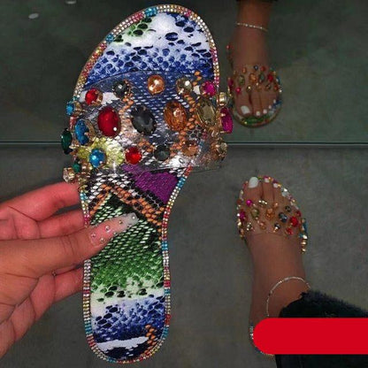 Stevvex rhinestone slide sandals pair, open-toe flat with multicolor jeweled straps on Tampa Home & Garden Store