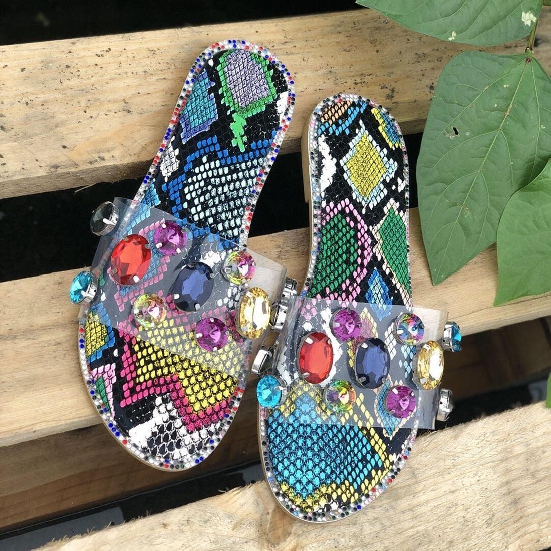 Stevvex women rhinestone slide sandals with clear straps and snakeskin footbeds, 2 sandals on Tampa Home & Garden Store