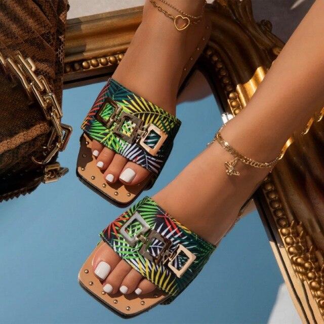 Stevvex women's rhinestone buckle slide sandals with tropical straps and open-toe flat design on Tampa Home & Garden Store