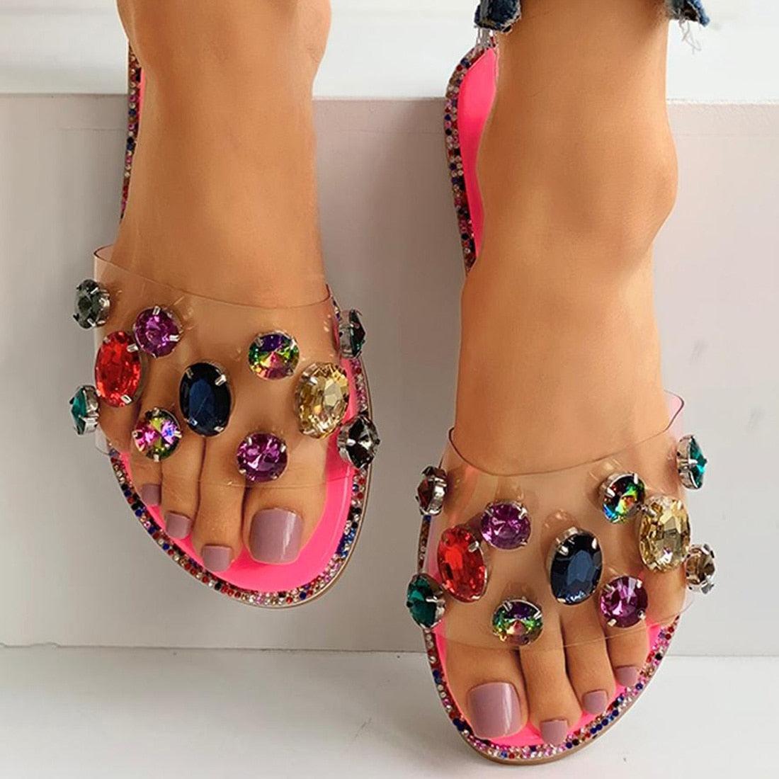 Stevvex women's rhinestone slide sandals with clear straps, colored gems, open-toe pink sole on Tampa Home & Garden Store