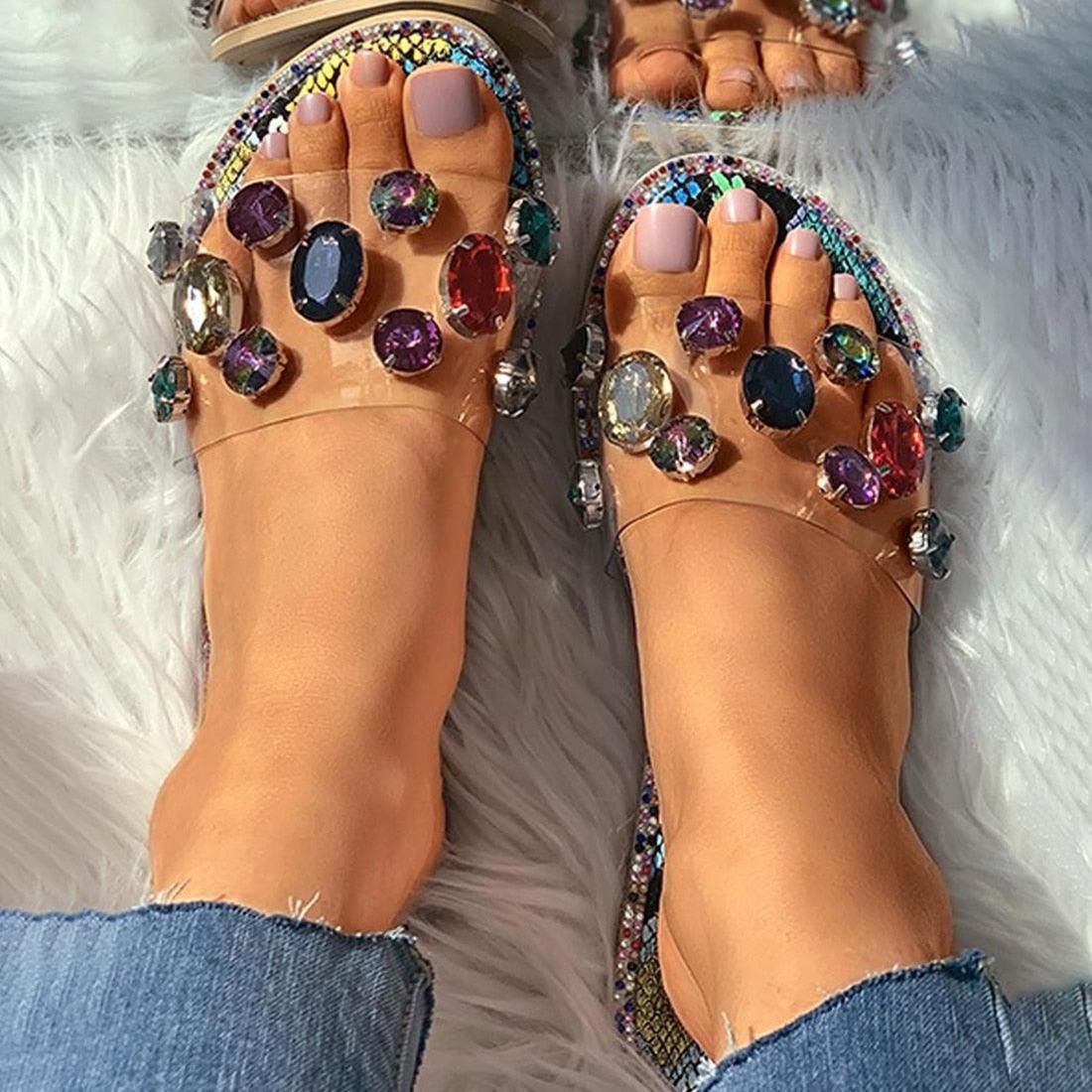Stevvex women's rhinestone slide sandals with multicolor gems open-toe jeweled flip flops on Tampa Home & Garden Store