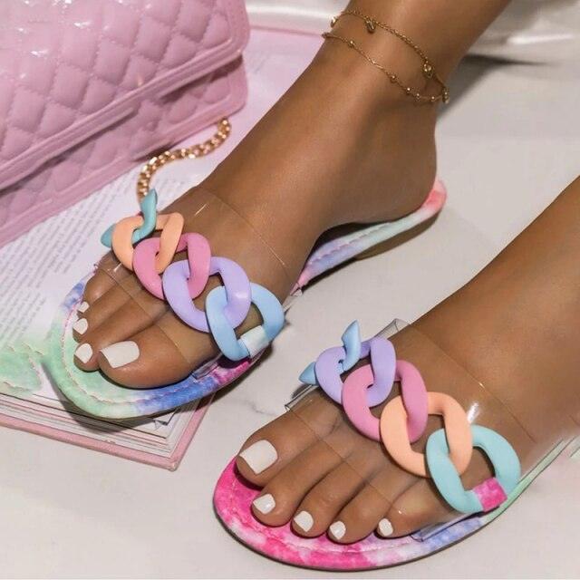Stevvex pastel chain-link slide sandals with clear straps, open-toe casual footwear on Tampa Home & Garden Store