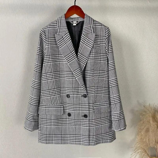 Stevvex blazer coat, black-white plaid, double-breasted, oversized women's on Tampa Home & Garden Store