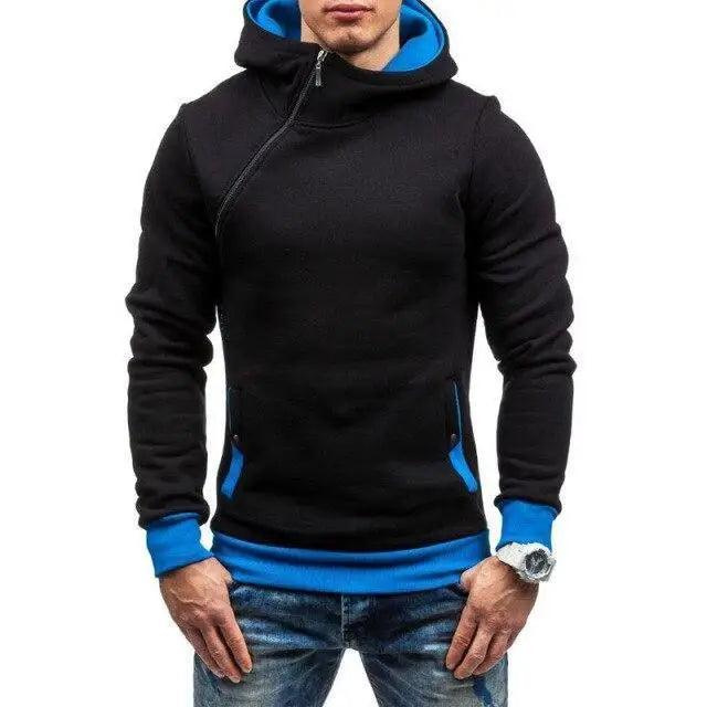 Stevvex Slim Fit men's hooded jacket black with blue hood and cuffs diagonal design for men on Tampa Home & Garden Store