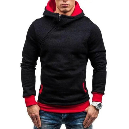 Stevvex Slim Fit Men's Hooded Jacket Black with Red Hood Lining, Diagonal Zip Sport Coat on Tampa Home & Garden Store
