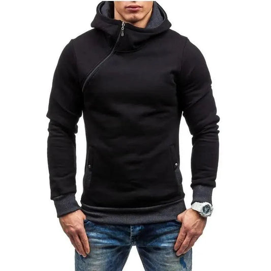 Stevvex black slim fit men's hooded pullover jacket with diagonal zip detail on Tampa Home & Garden Store