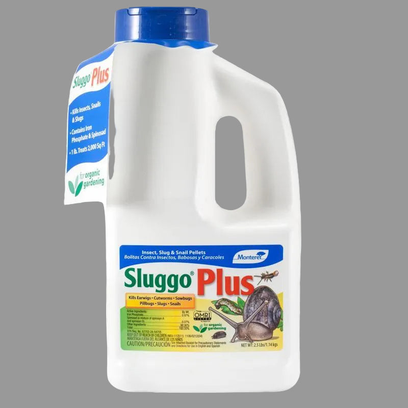 Sluggo Plus Spinosad pest control white bottle with blue cap Grow Organic gardening product on Tampa Home & Garden Store