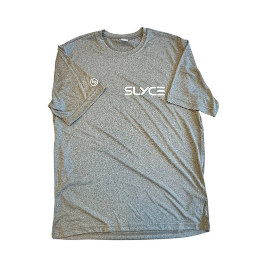Slyce gray tee by Slyce Sport with white SLYCE logo on chest, heather knit fabric on Tampa Home & Garden Store