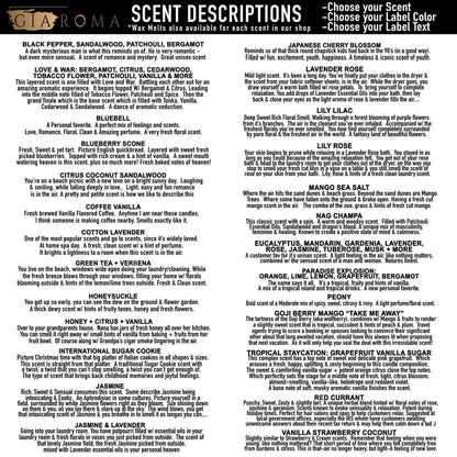 16oz Candle Mug Gia Roma on scent descriptions page with black header and two-column scent listings on Tampa Home & Garden Store