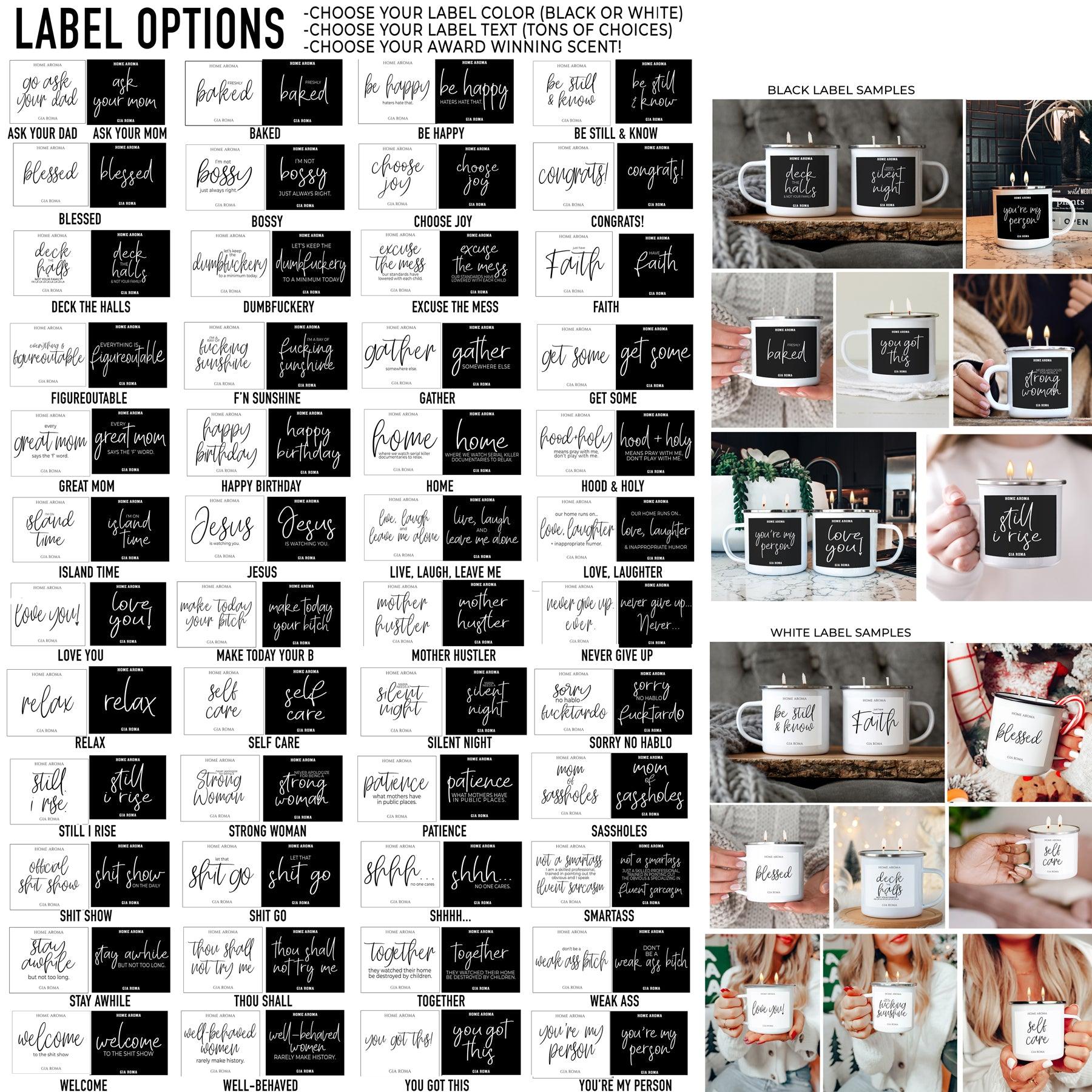 16oz Gia Roma candle mug label options collage in black and white designs with sample mugs on Tampa Home & Garden Store