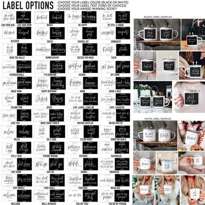 16oz Gia Roma candle mug label options collage in black and white designs with sample mugs on Tampa Home & Garden Store