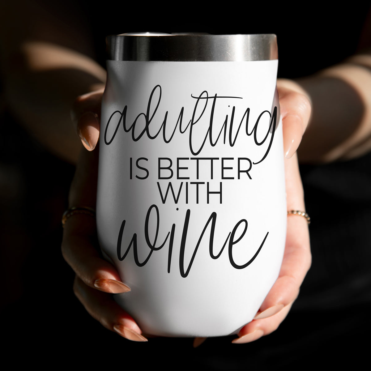 Gia Roma 17oz white tumbler with silver rim shows adulting is better with wine held on Tampa Home & Garden Store