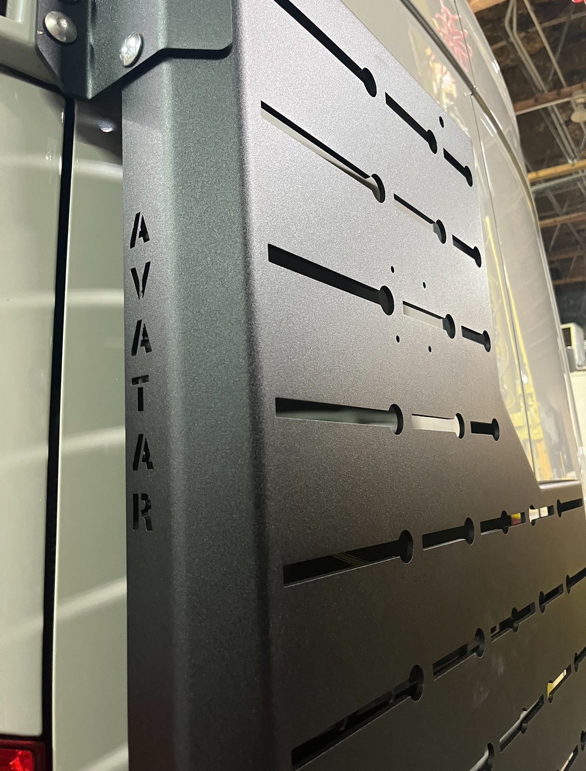 Outpost Sprinter Mounting Carrier mount on van, matte black metal rack with slotted panels Avatar Offroad branding on Tampa Home & Garden Store