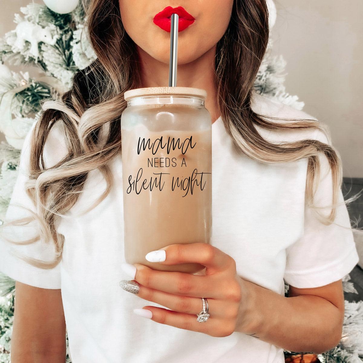 Mama Silent Night 17oz glass cup by Gia Roma with wood lid and stainless steel straw on Tampa Home & Garden Store