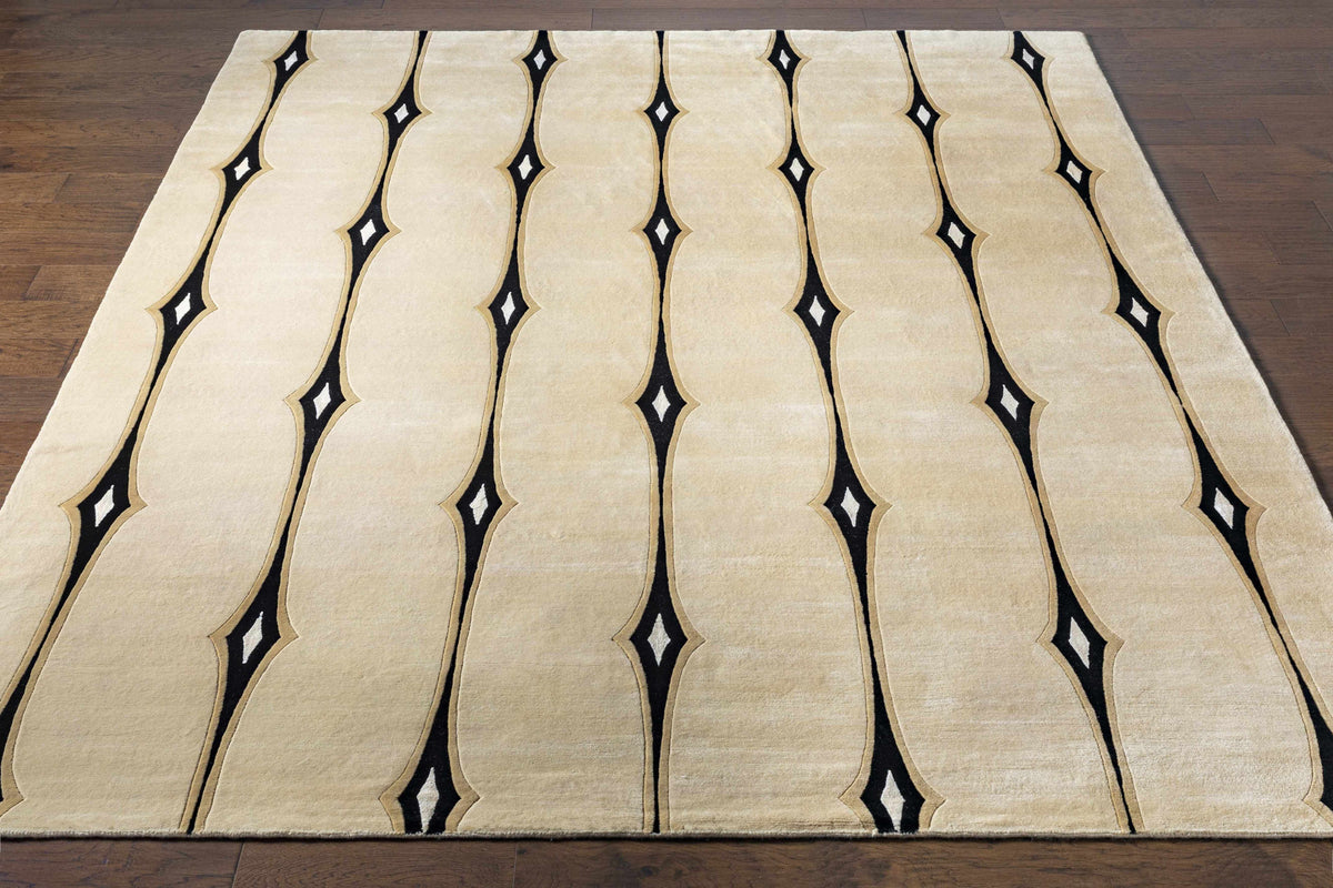 Smartt Beige&Black Premium Wool Rug by Boutique Rugs beige field with black wavy stripes on Tampa Home & Garden Store